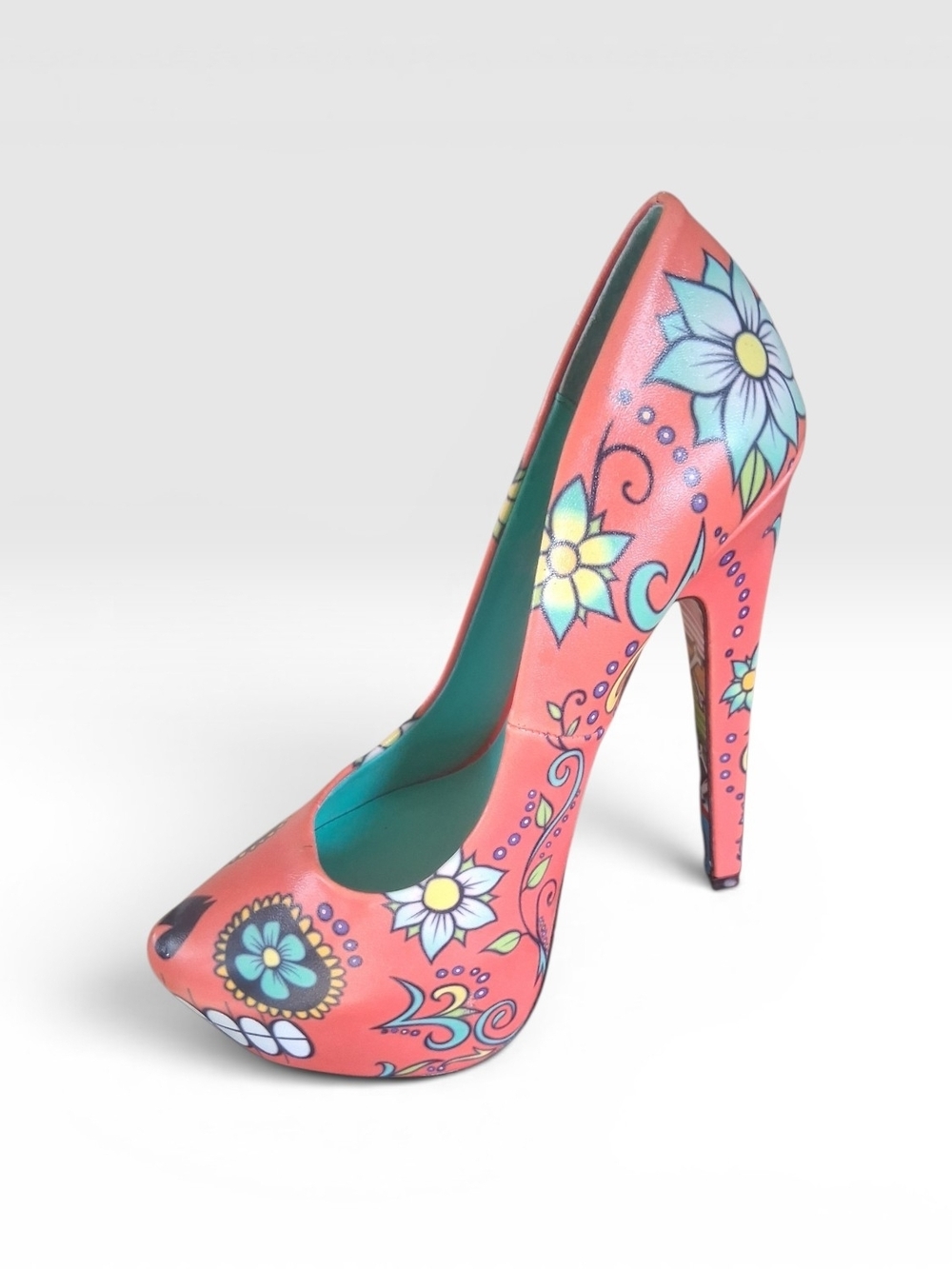 RARE Taylor Says "Skully" Coral Sugar Skull Platform Pumps Sz 6.5 Fits 6 - Picture 4 of 4